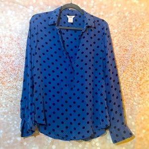 Joe Fresh blue/black polta dot silk long sleeve blouse Size M